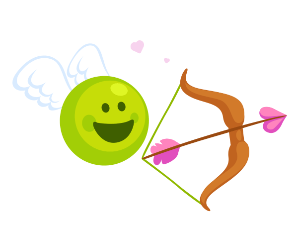 Pea mascot as cupid, flying with a heart bow