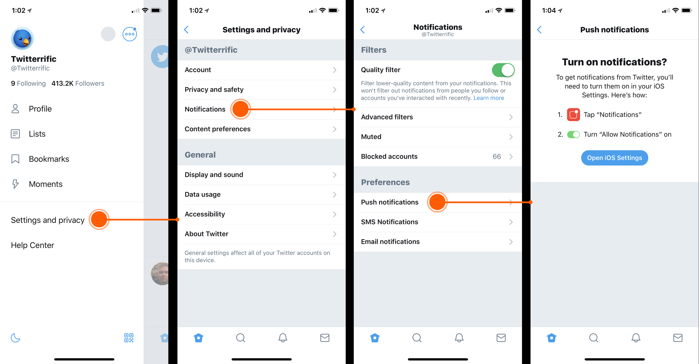 The flow of how to activate push notifications within the official app. Open Settings and Privacy - Notifications - Push Notifications - Turn on Notifications
