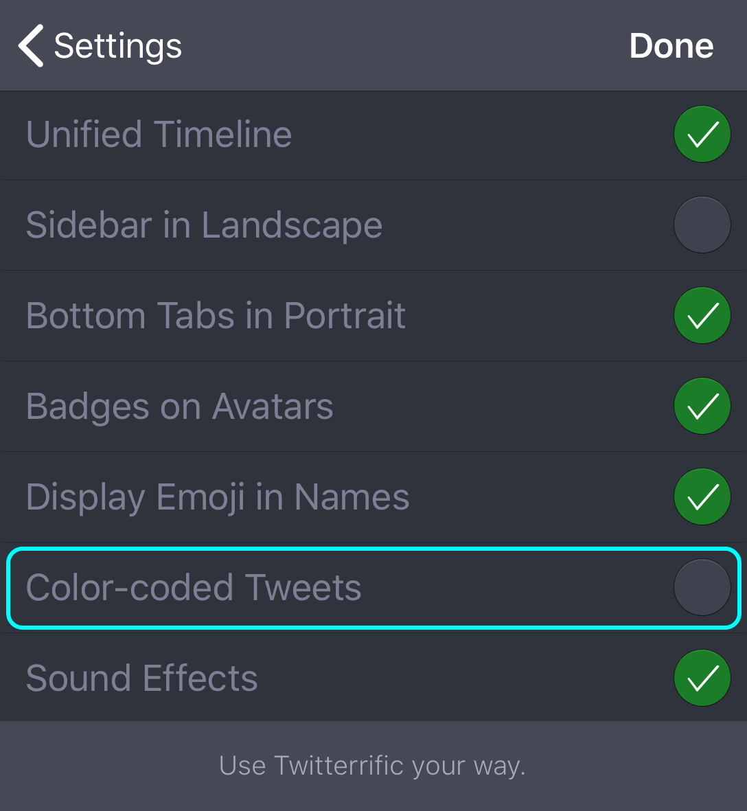 Twitterrific's Preferences showing the new color-coded tweets option turned off