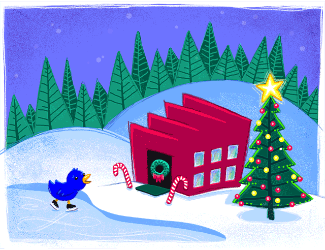 Iconfactory 2018 holiday illustration - the factory set against a snowy hill with Ollie the Twitterrific bird ice skating in the foreground