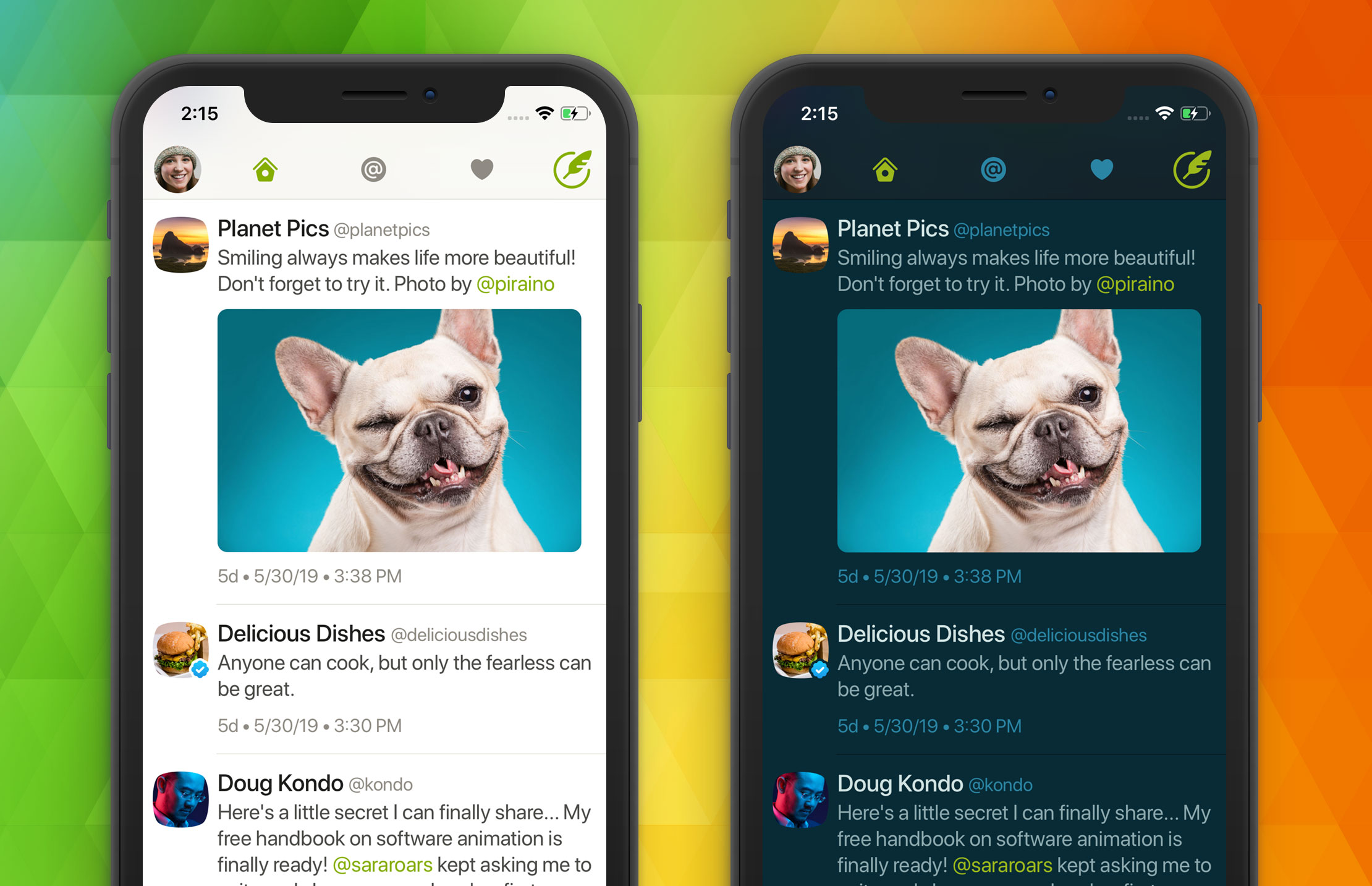 Two of Twitterrific 6's new themes: Dove and Parakeet