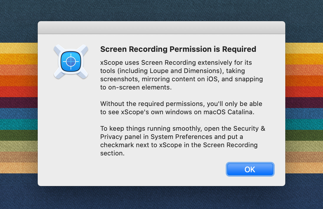 xScope screen recording dialog in macOS Catalina