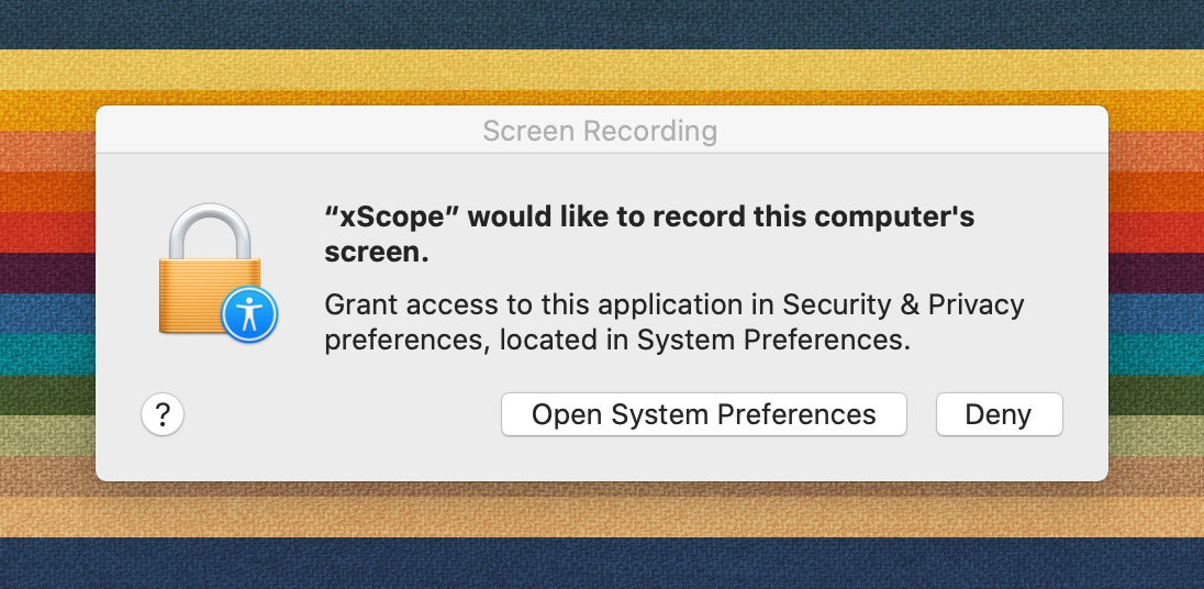 macOS Security & Privacy preference panel showing xScope with a blue check next to it