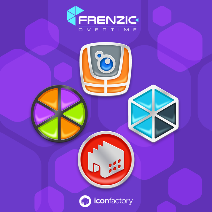 Frenzic enamel pins with DoBot, pie pieces, Frenzic Industries logo, and Iconfactory logo.