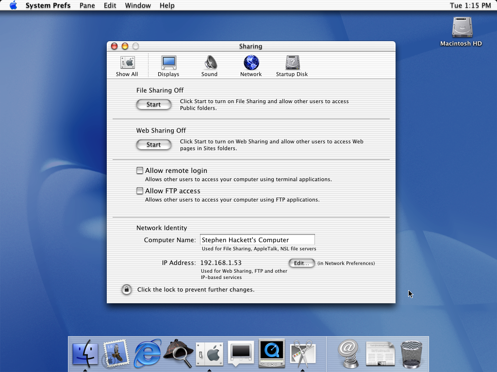 A screenshot of Sharing preferences in Mac OS X 10.0