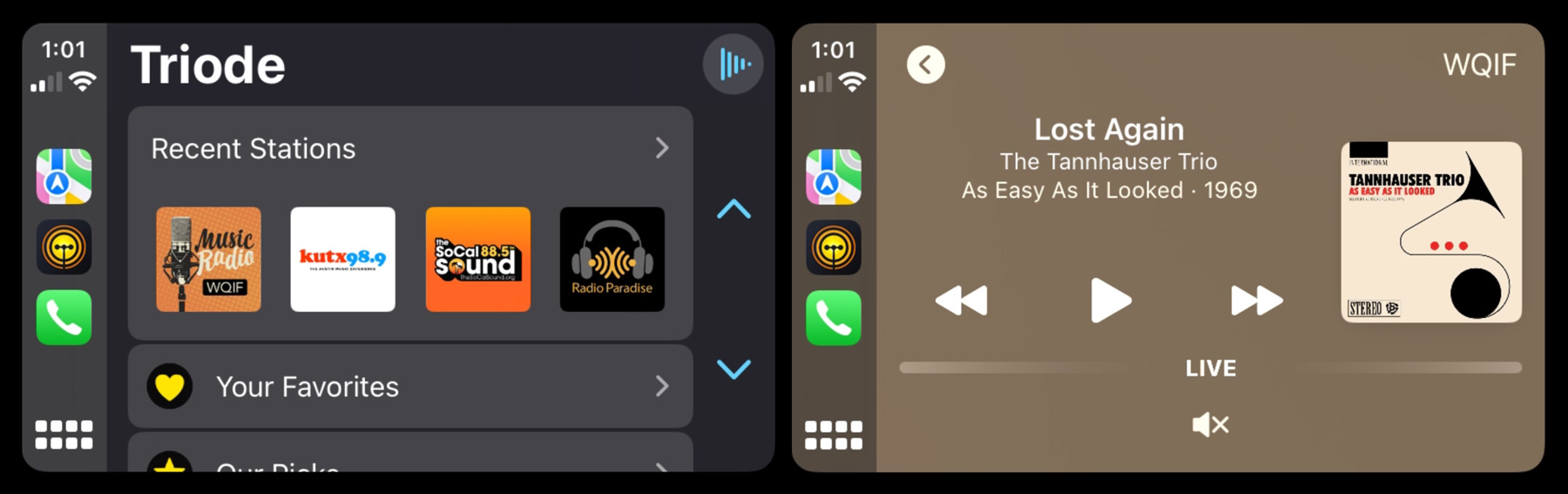 Triode CarPlay interface showing Recent stations and Now Playing