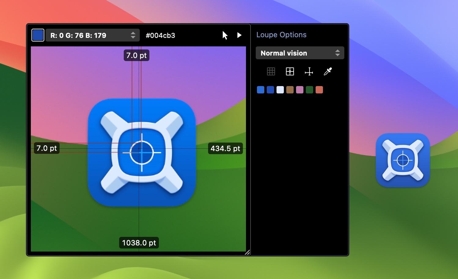 The Loupe tool from xScope v4 running on macOS Sonoma's desktop  - magnifying the xScope App icon
