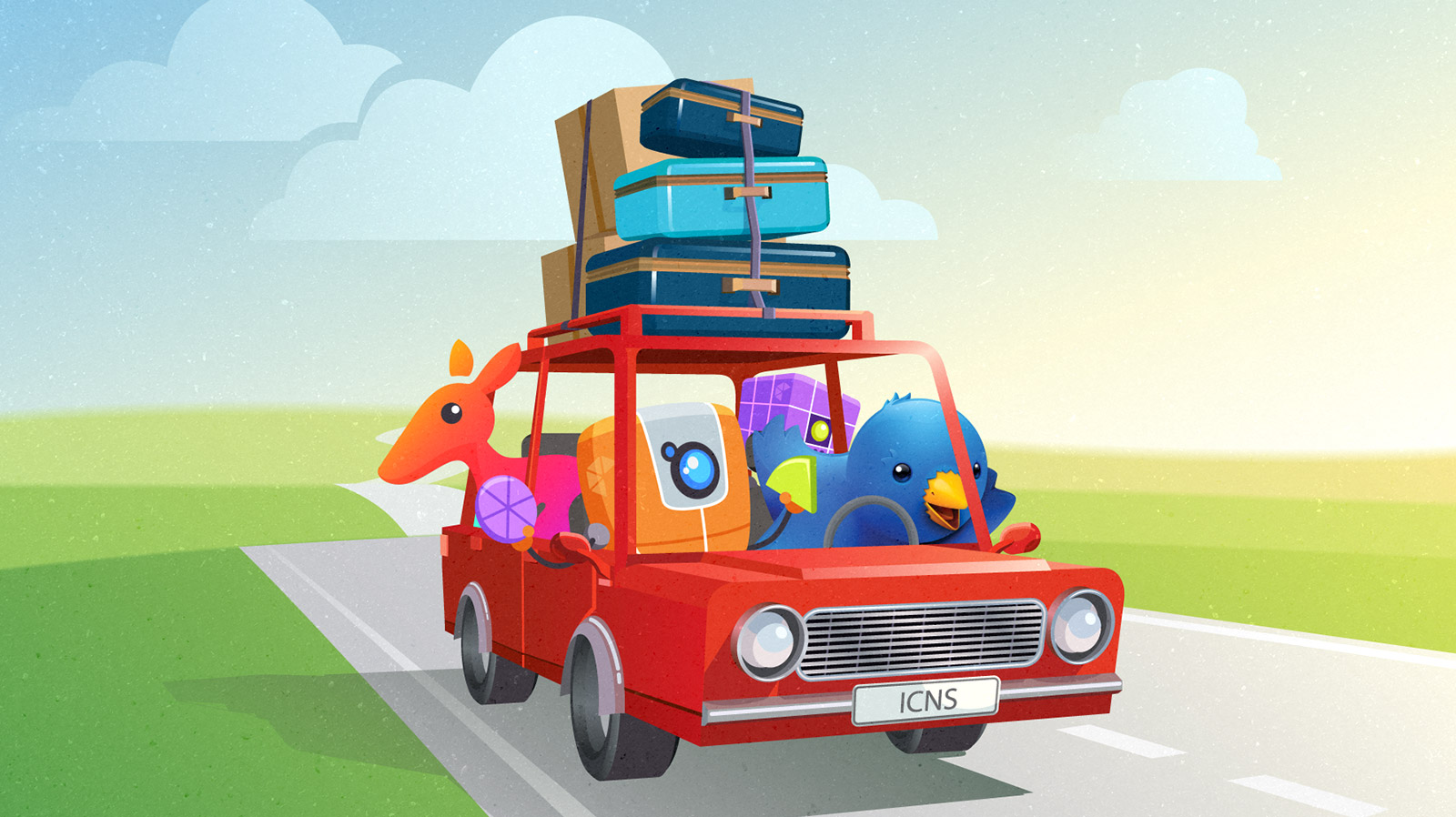 A red car travels down a long road over green hills driven by Twitterrific's blue bird Ollie. DoBot from Frenzic is the passenger with Wally from Wallaroo and InfoBot in the backseats.