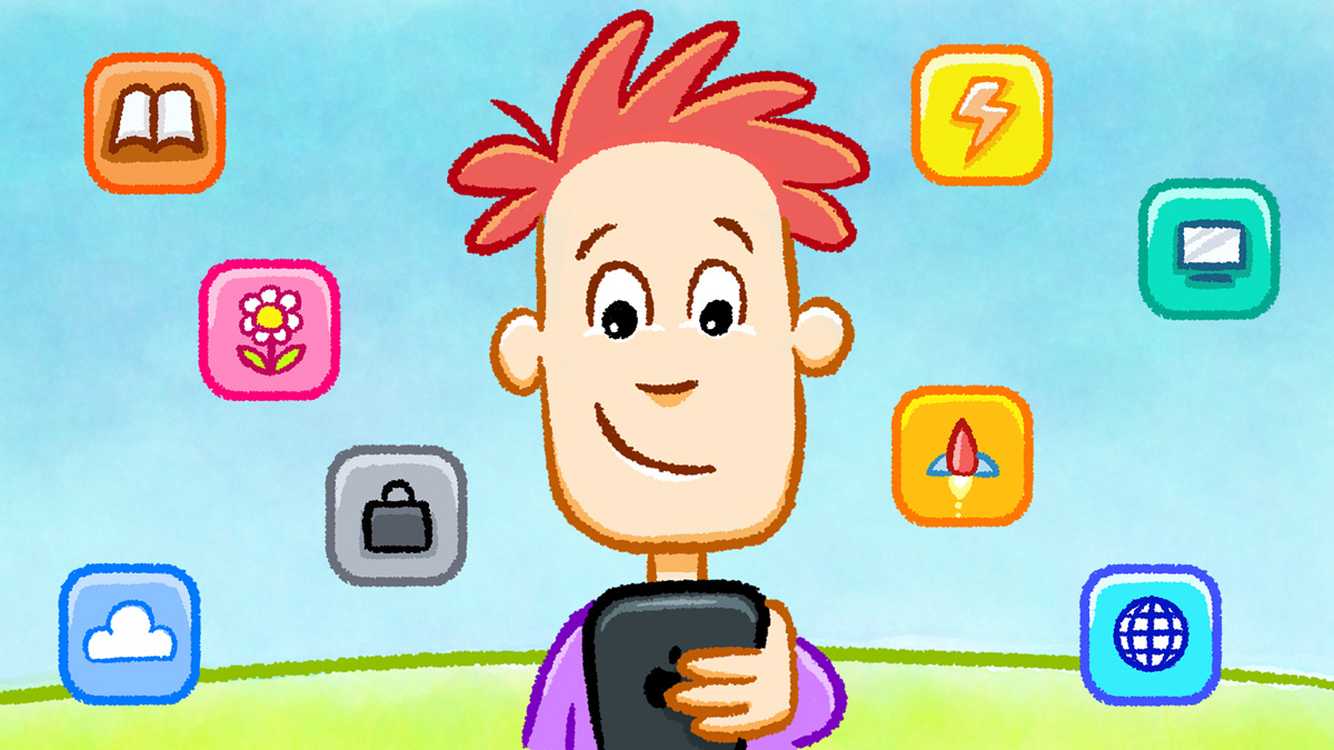 Playful cartoon of a guy smiling as he looks at his iPhone with data sources of Tapestry floating all around him.
